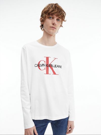 Calvin Klein Ruhák HU706347 | Calvin Klein Organic Cotton Logo Férfi Hosszú Ujjú Póló Világos Fehér